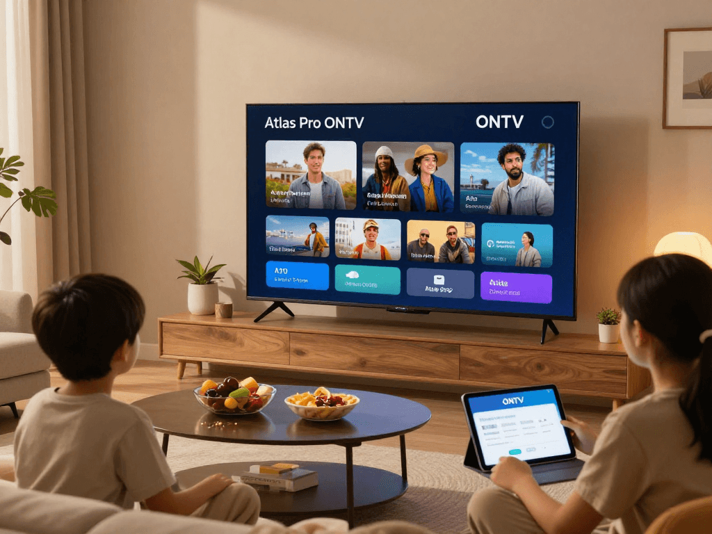 La famille utilisant l'application Atlas Pro pour regarder des chaînes TV en direct, une expérience de divertissement à domicile.