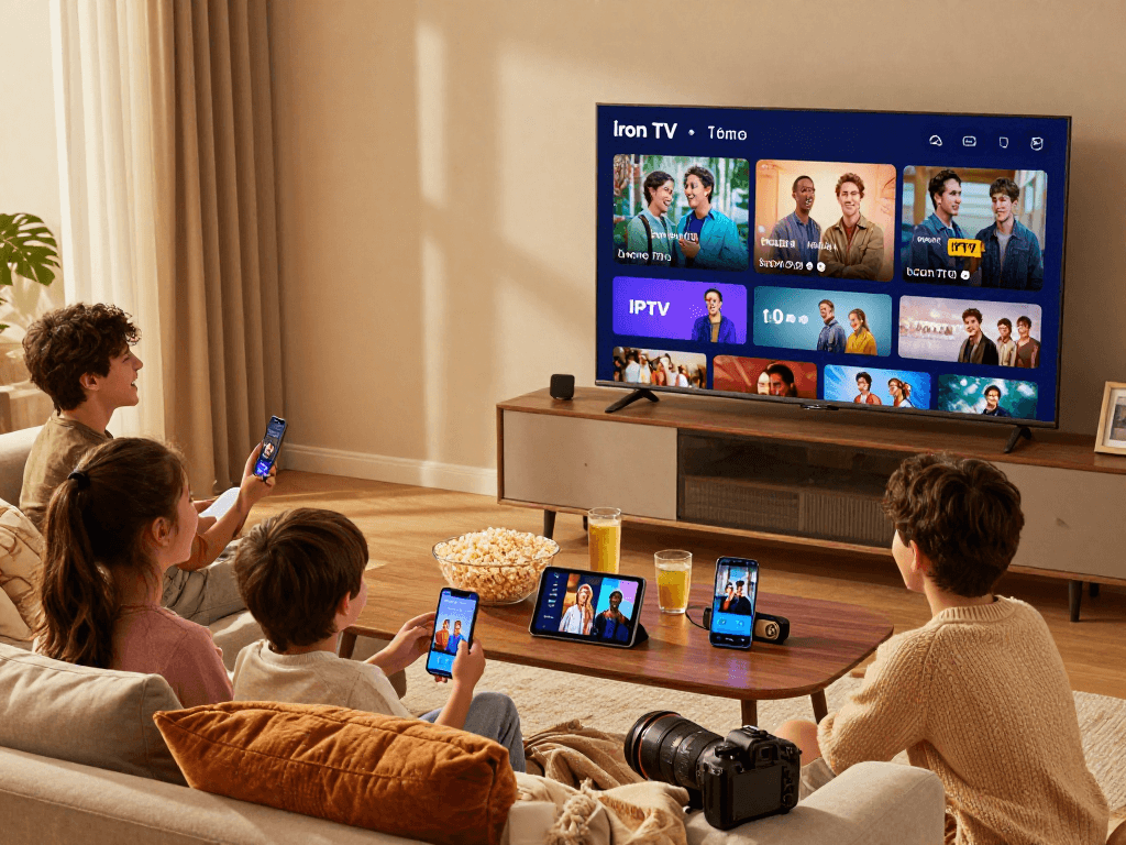 Une famille profitant d'Iron TV sur Smart TV dans un salon chaleureux.