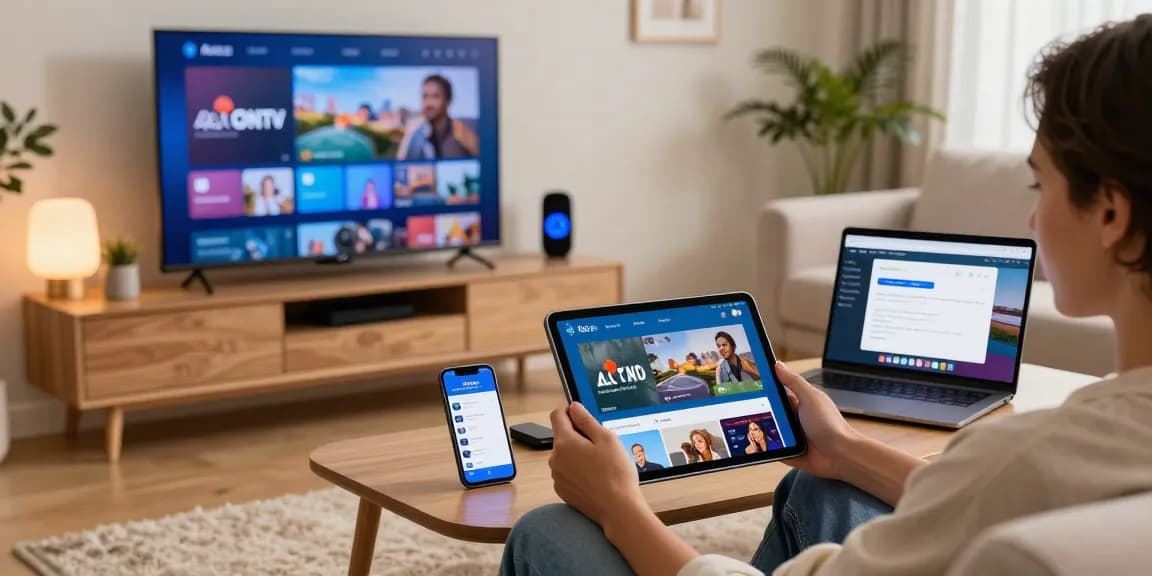 Profitez d'Atlas Pro iOS sur votre Smart TV, votre tablette et votre smartphone dans un salon moderne.