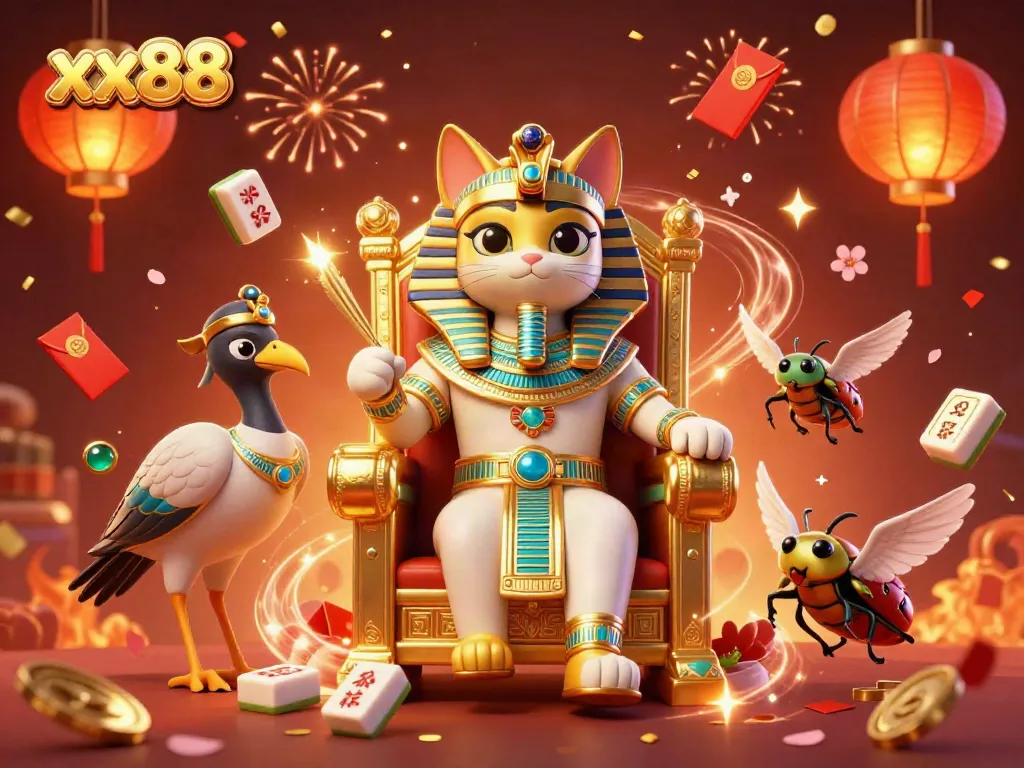 Immerse in the world of xx88 with a vibrant scene featuring an Egyptian pharaoh cat and festive casino symbols.