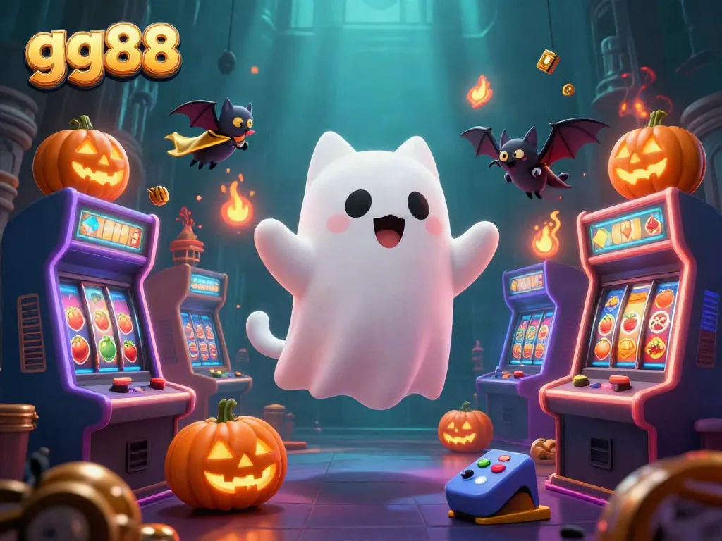 Experience thrilling gameplay at gg88 with our lively 3D illustration of a friendly ghost cat amidst vibrant casino elements.