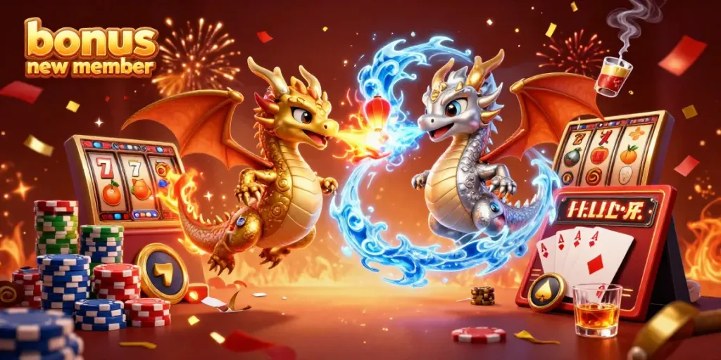 Engaging scene of twin dragons symbolizing the bonus new member promotion amidst vibrant casino elements.