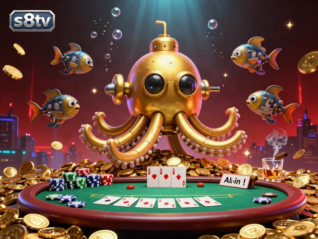 Engage in thrilling gameplay at s8tv with a vibrant 3D casino scene featuring a golden kraken submarine and poker elements.