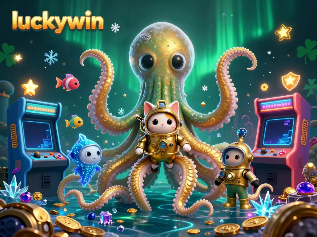 Experience thrilling gaming adventures with luckywin, a vast battle of a kraken and diving cat amidst vibrant casino games.