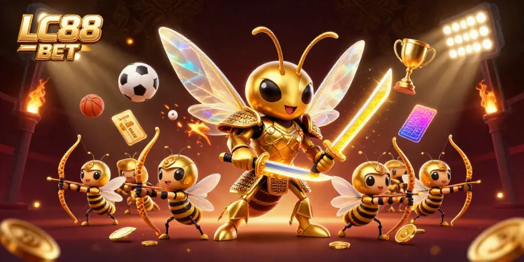Experience the excitement of LC88 BET with a powerful golden hornet surrounded by sports elements and dynamic action.