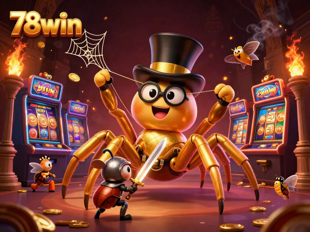 Experience thrilling gameplay with 78win featuring a vibrant scene of slot machines and a golden tarantula.