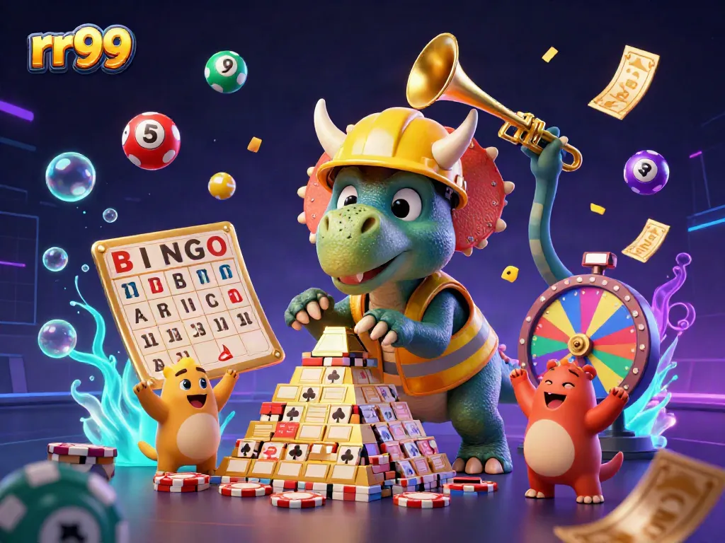 Experience the excitement of RR99 with a lively 3D scene featuring a triceratops building poker chips, representing thrilling games of chance.