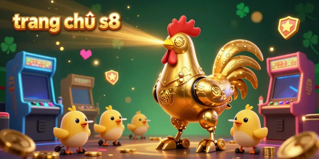Experience thrilling gameplay with trang chủ s8's retro-futuristic casino scene featuring a golden rooster robot and dynamic game elements.