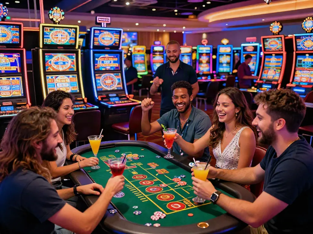 Joueurs au Casino Gratuit profitant de machines à sous et ambiance festive