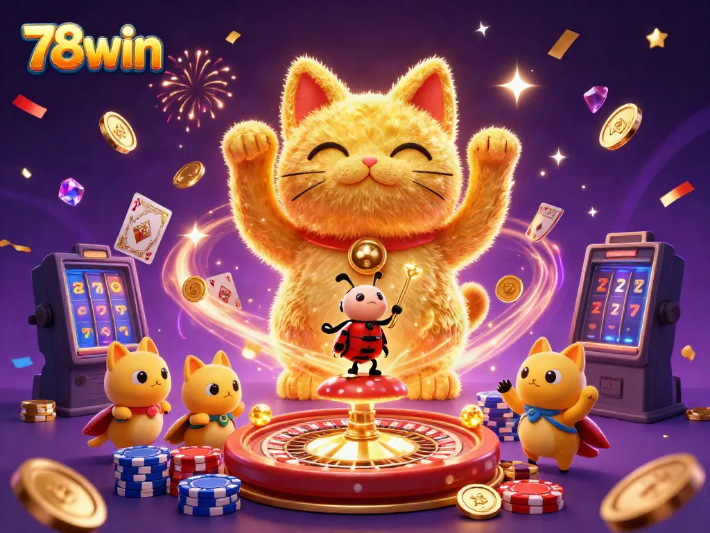 Join the excitement at 78win where golden fireflies and lucky symbols dance in a vibrant casino scene.