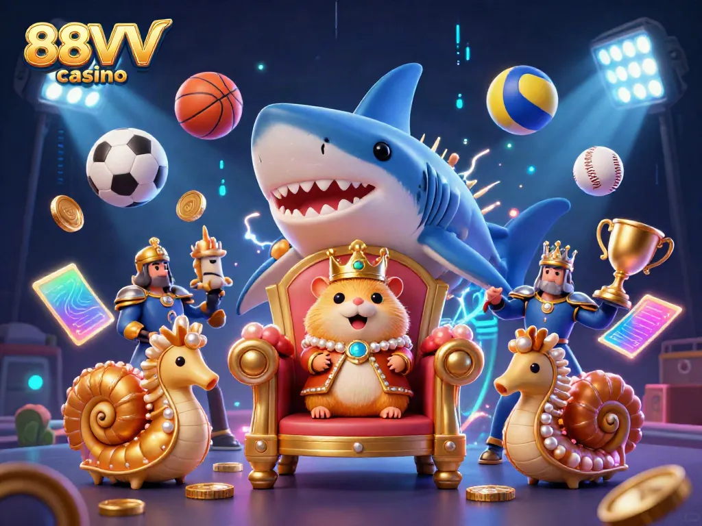 Experience the thrill of 88VV casino with a vibrant illustration showcasing a hamster king and sports elements.