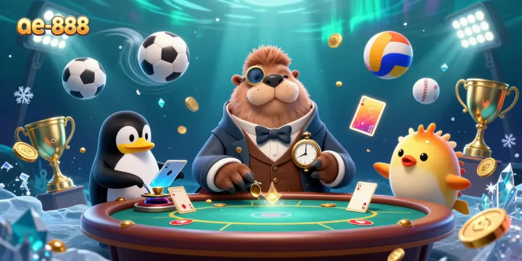 A lively scene of a walrus and penguin dealer at an underwater poker table in ae-888's casino.