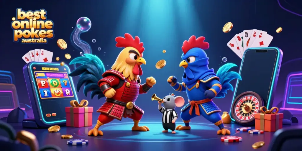 Engage with the best online pokies Australia featuring dynamic cartoon roosters in a casino showdown.