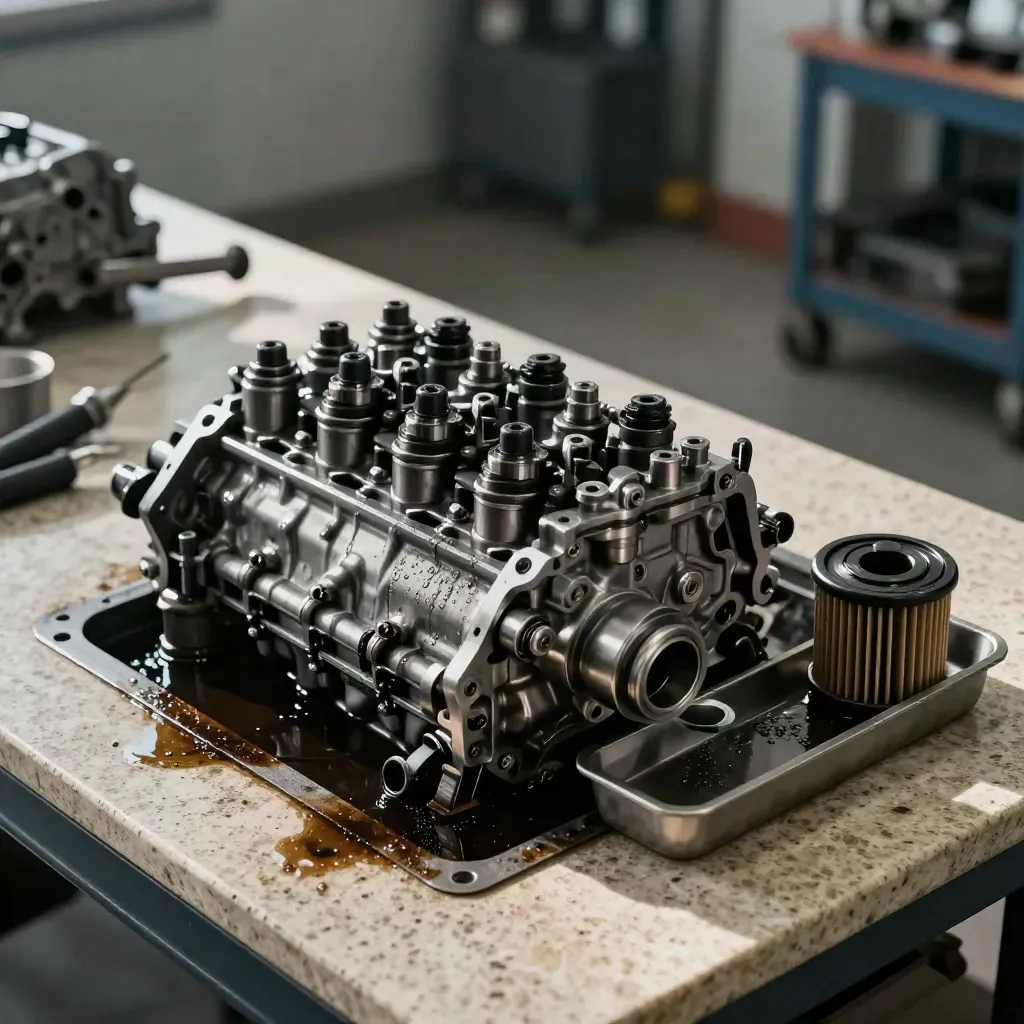 Boîte automatique ouverte, huile sombre et pièces mécaniques dans un atelier.