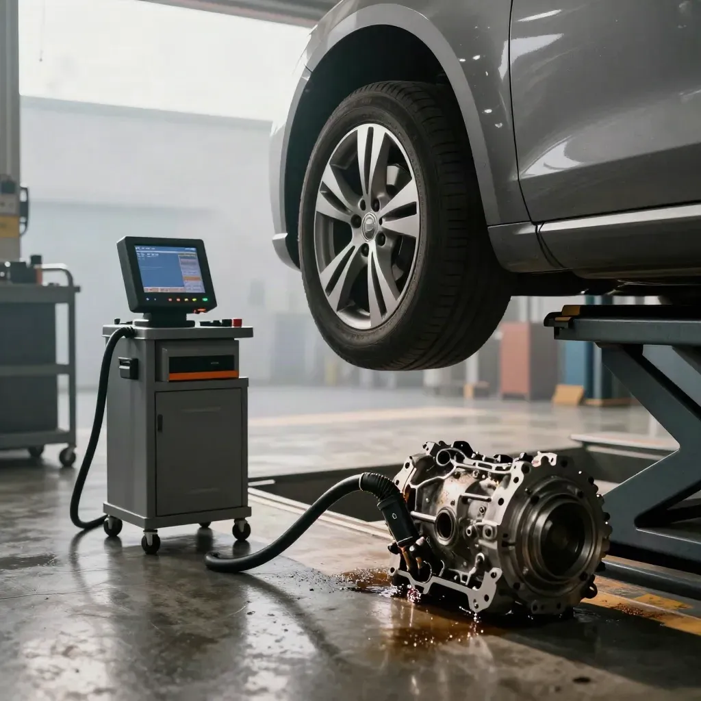 Voiture sur pont, diagnostic de boîte avec valise et câble OBD dans un atelier moderne.