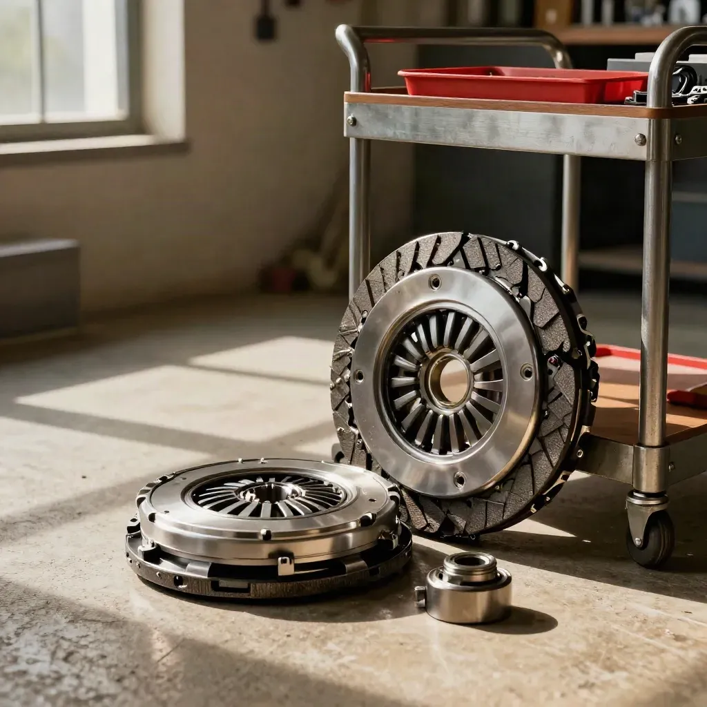 Kit d’embrayage neuf, volant moteur usiné et cloche de boîte sur chariot d’atelier