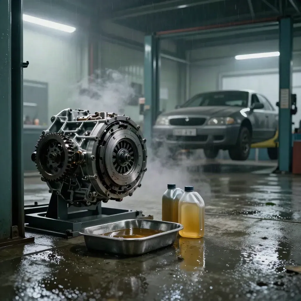 Atelier de transmission sous la pluie, boîte ouverte, embrayage neuf et voiture sur pont.