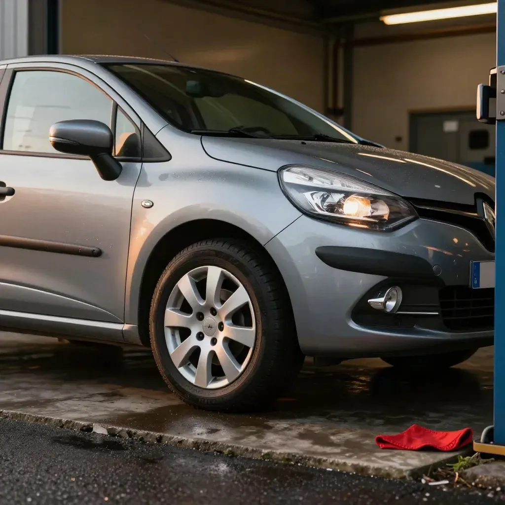 Clio IV propre à la sortie de l’atelier, vue basse sur roue et seuil humide, lumière de fin de journée.