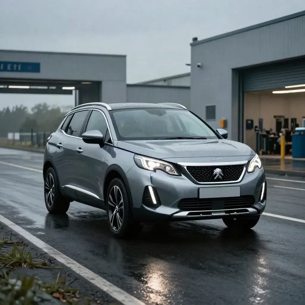Peugeot 3008 sur voie d’essai humide, atelier en arrière-plan, lumière du soir.