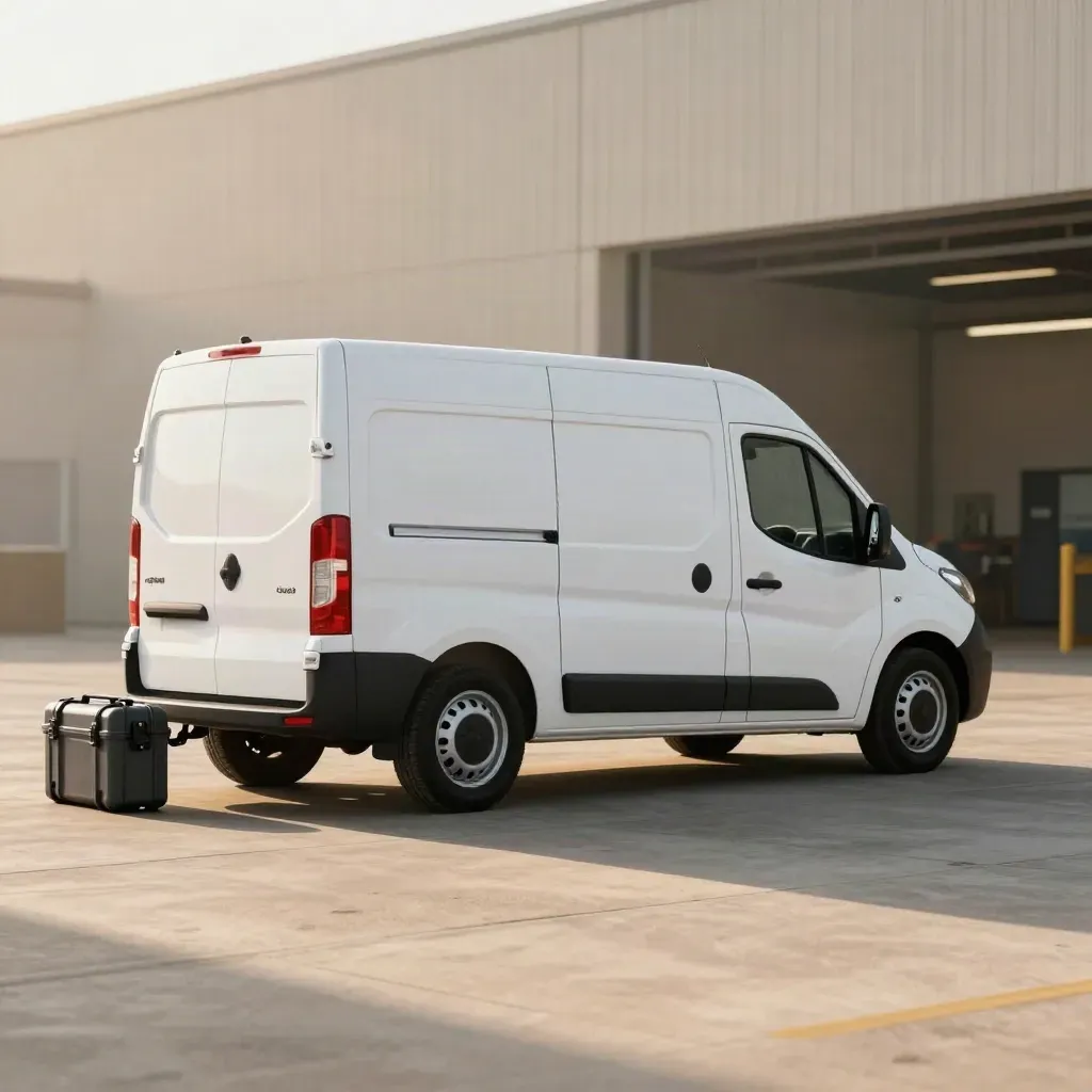 Utilitaire Renault Master prêt à repartir devant un dépôt, dans une lumière douce du matin.