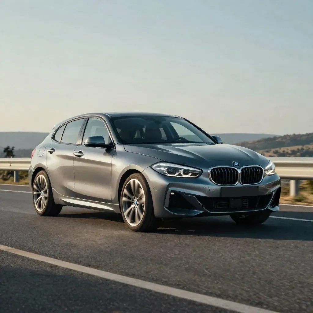 BMW Série 1 en mouvement sur route sèche, roues propres après réparation de boîte.