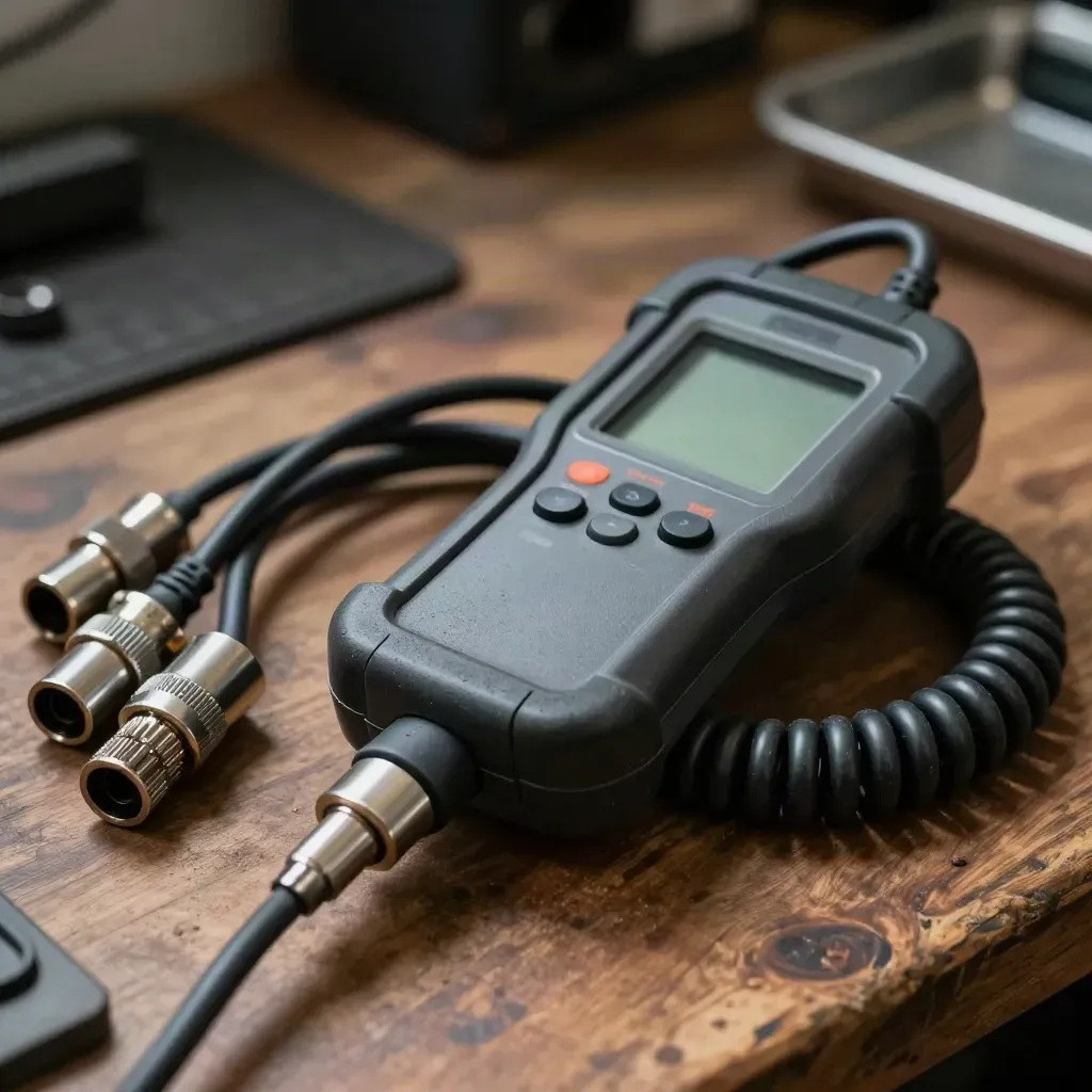 Scanner de diagnostic, adaptateurs et câble épais sur établi en bois brun, textures d’atelier en gros plan.