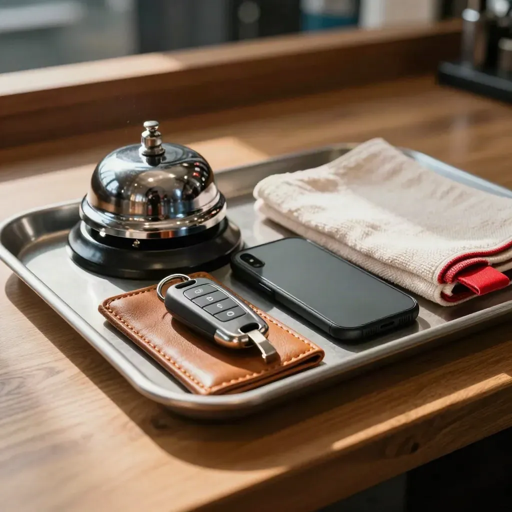 Plateau de restitution auto avec clé, sonnette, étui cuir et support de téléphone sur bois.