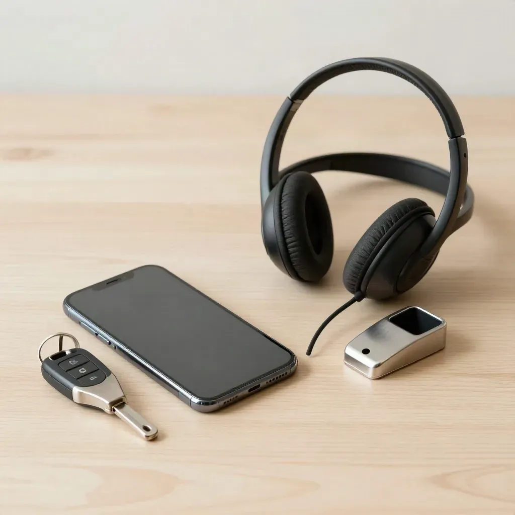 Smartphone, clé et casque de service sur bois clair, vue de dessus minimaliste.