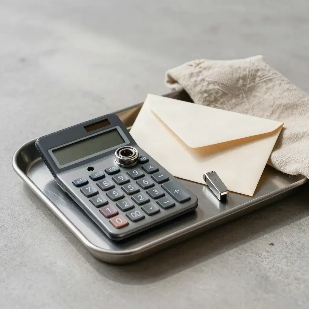 Calculatrice, bague de roulement, enveloppe retournée et clé sur plateau métallique.