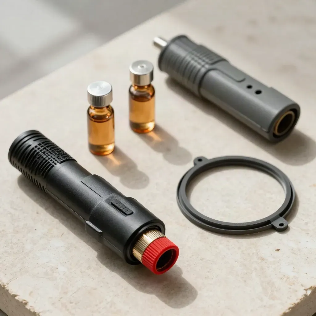 Connecteur OBD, vials d’huile, testeur et joint de boîte sur pierre claire.