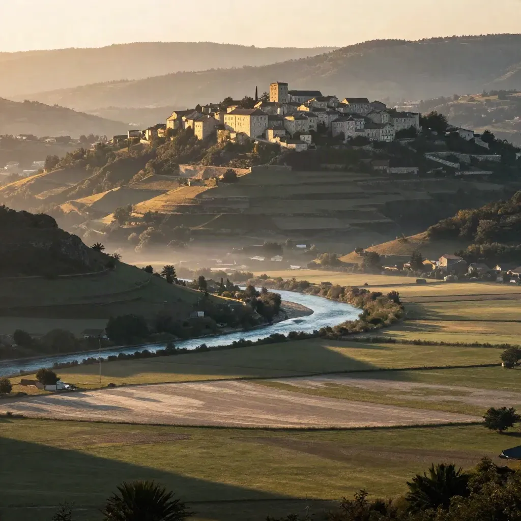 Vallée lumineuse d’Auvergne-Rhône-Alpes, village perché et brume dorée au lever du soleil.