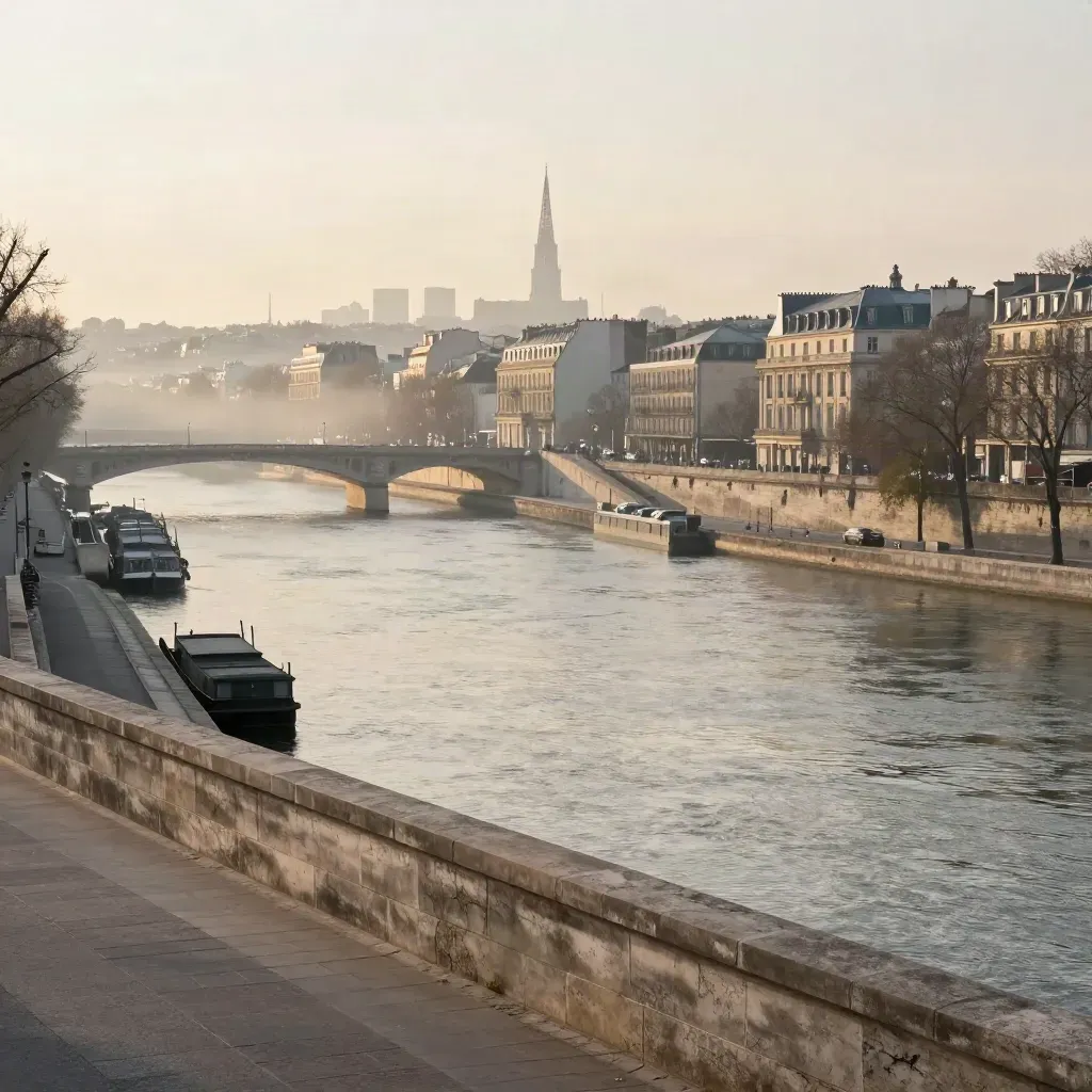 Paris et la Seine au lever du jour, toits en brume dorée et monument lointain.