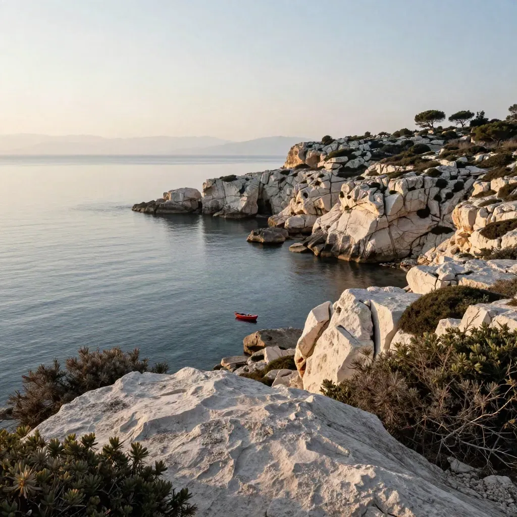 Falaises claires de Provence-Alpes-Côte d’Azur, mer calme et brume au lever du soleil.
