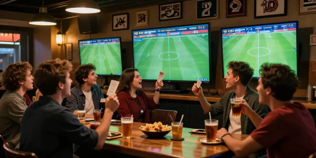 Scène de paris sportifs en Belgique avec des amis célébrant des matchs en direct.