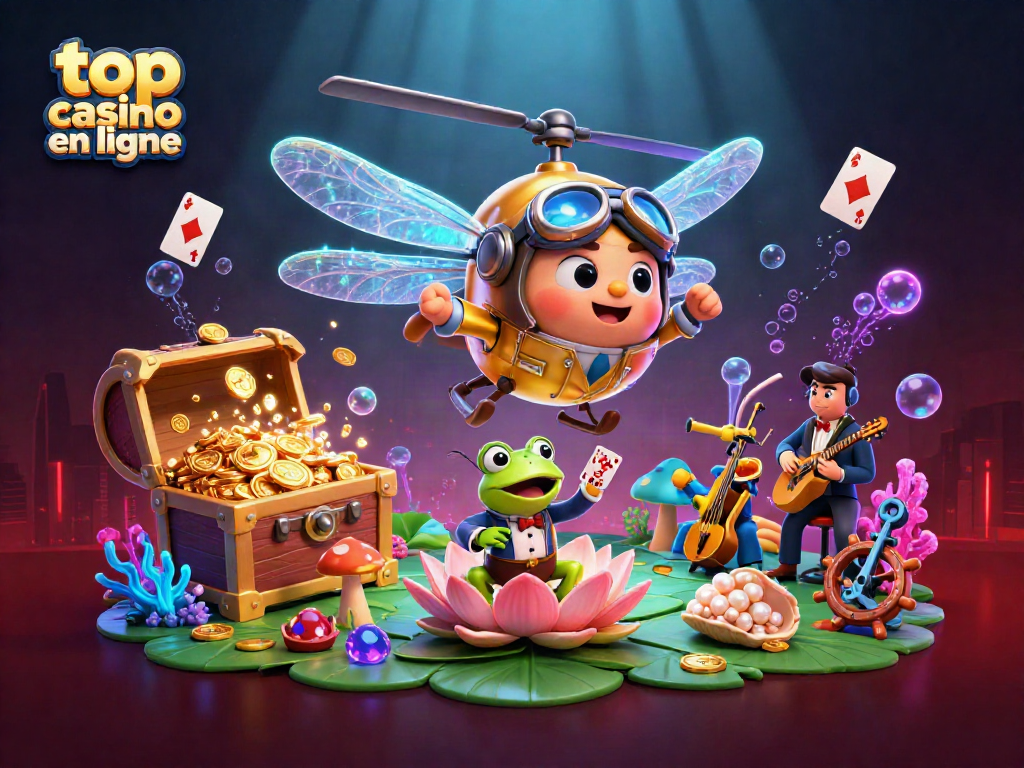 Illustration dynamique de top casino en ligne, avec un pilote libellule, croupier grenouille et musiciens.