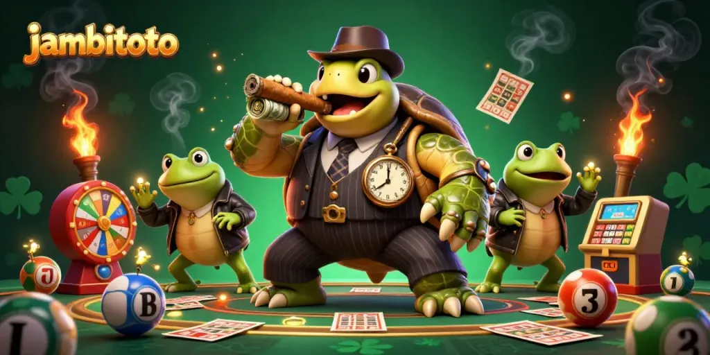 Experience thrilling lottery action with JambiToto's dynamic illustration showcasing a massive snapping turtle mascot and exciting game elements.