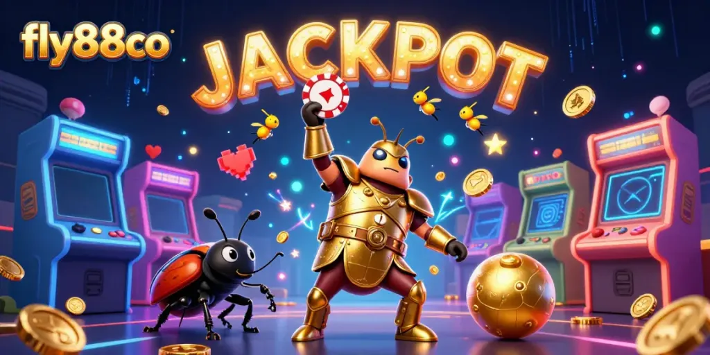 Engage with exciting games at fly88co, where vibrant characters celebrate a big jackpot win.