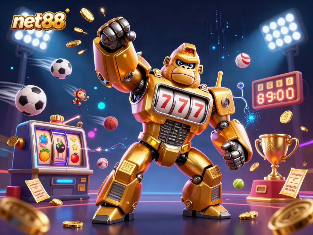 Experience gaming excitement with net88's colorful 3D golden gorilla mech embodying dynamic casino action.
