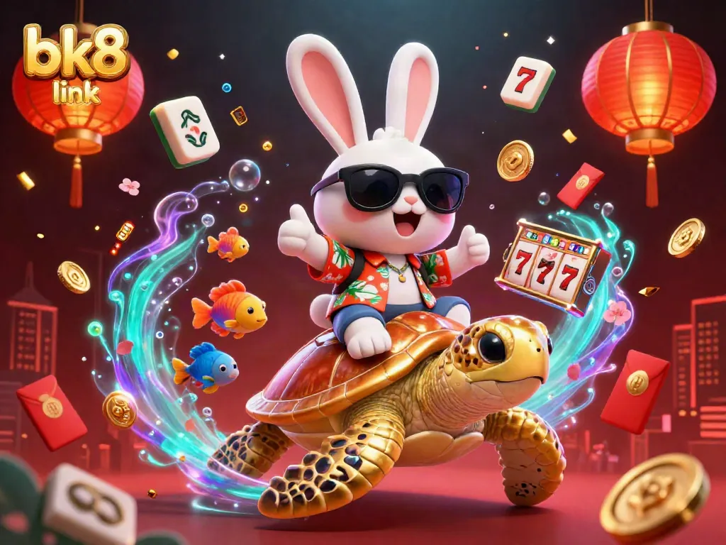 Engage with the exciting bk8 link through vibrant casino-themed 3D illustration showcasing lucky symbols and characters.