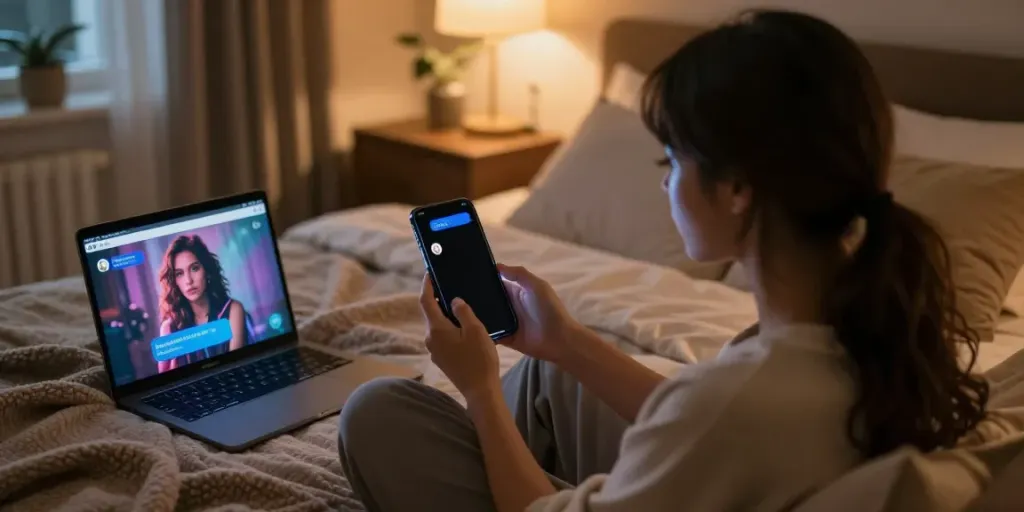Engaging in NSFW AI chat on a smartphone in a cozy bedroom setting.