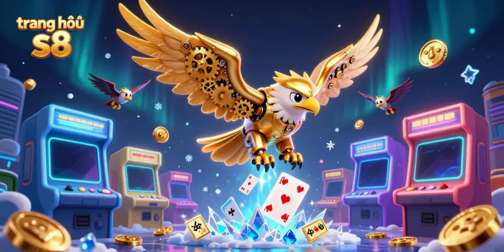 Experience the thrill of gaming at trang chủ s8 with a vibrant 3D casino illustration featuring an eagle and holographic cards.