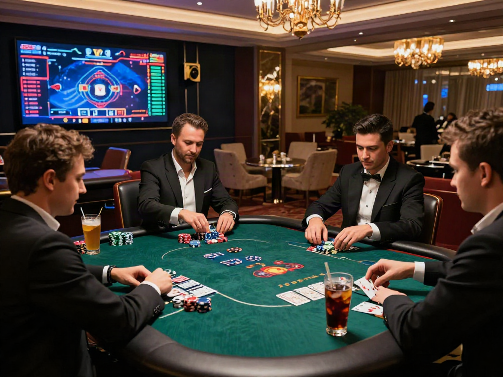 Expérience de jeu immersive avec le meilleur casino en ligne et des joueurs élégants à une table de poker moderne.