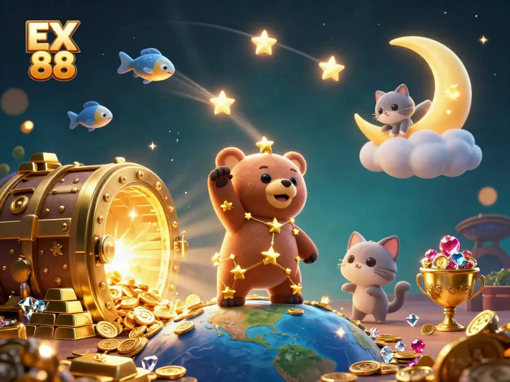 Engage with EX 88 in a vibrant casino-themed illustration filled with treasure and lucky charms.
