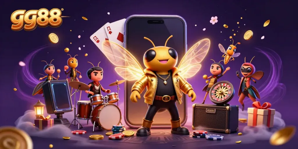 Experience thrilling gameplay with gg88's vibrant 3D casino illustration featuring a rock star and interactive gaming elements.