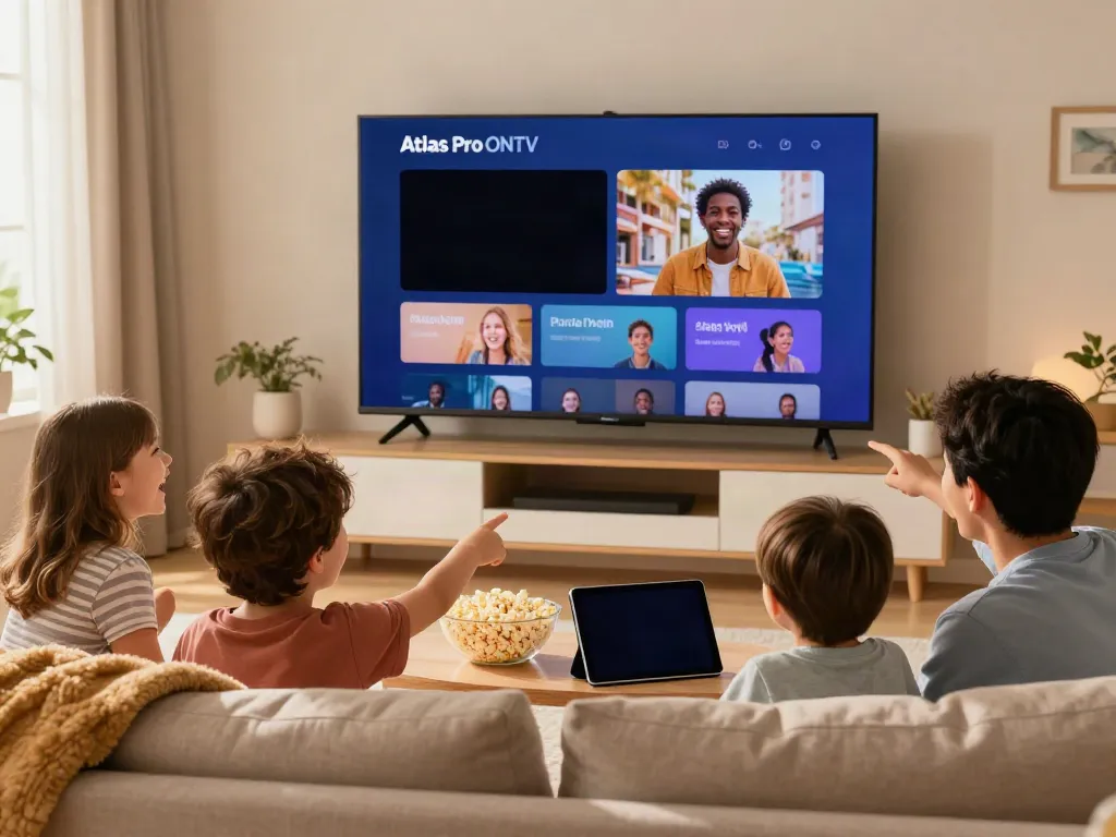 Famille regardant un film avec l'application Atlas Pro ONTV sur Smart TV, ambiance chaleureuse et conviviale.