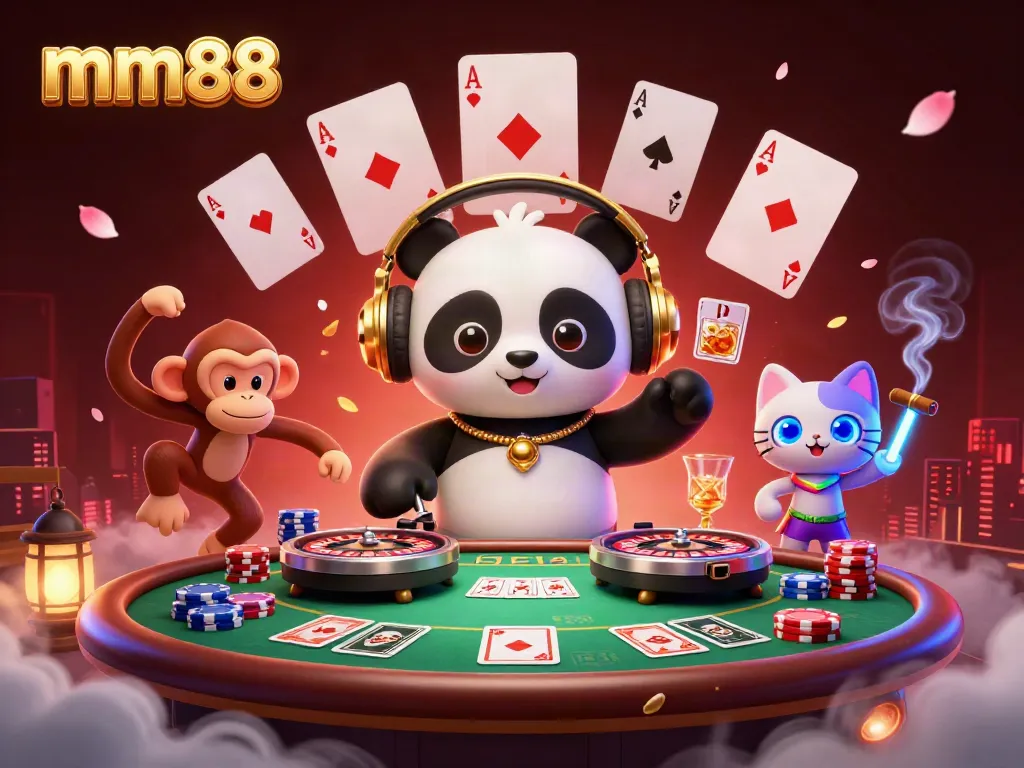 Experience exciting gaming with mm88 as a DJ panda spins atop roulette wheels while vibrant characters dance.